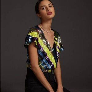 NWT Anthropologie x RDALAMAL Surplus Multi Color Sequin Crop Blouse Top Size XXL